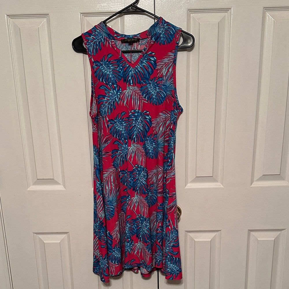 Tropical Print Sleeveless Mini Dress - Pink and Blue